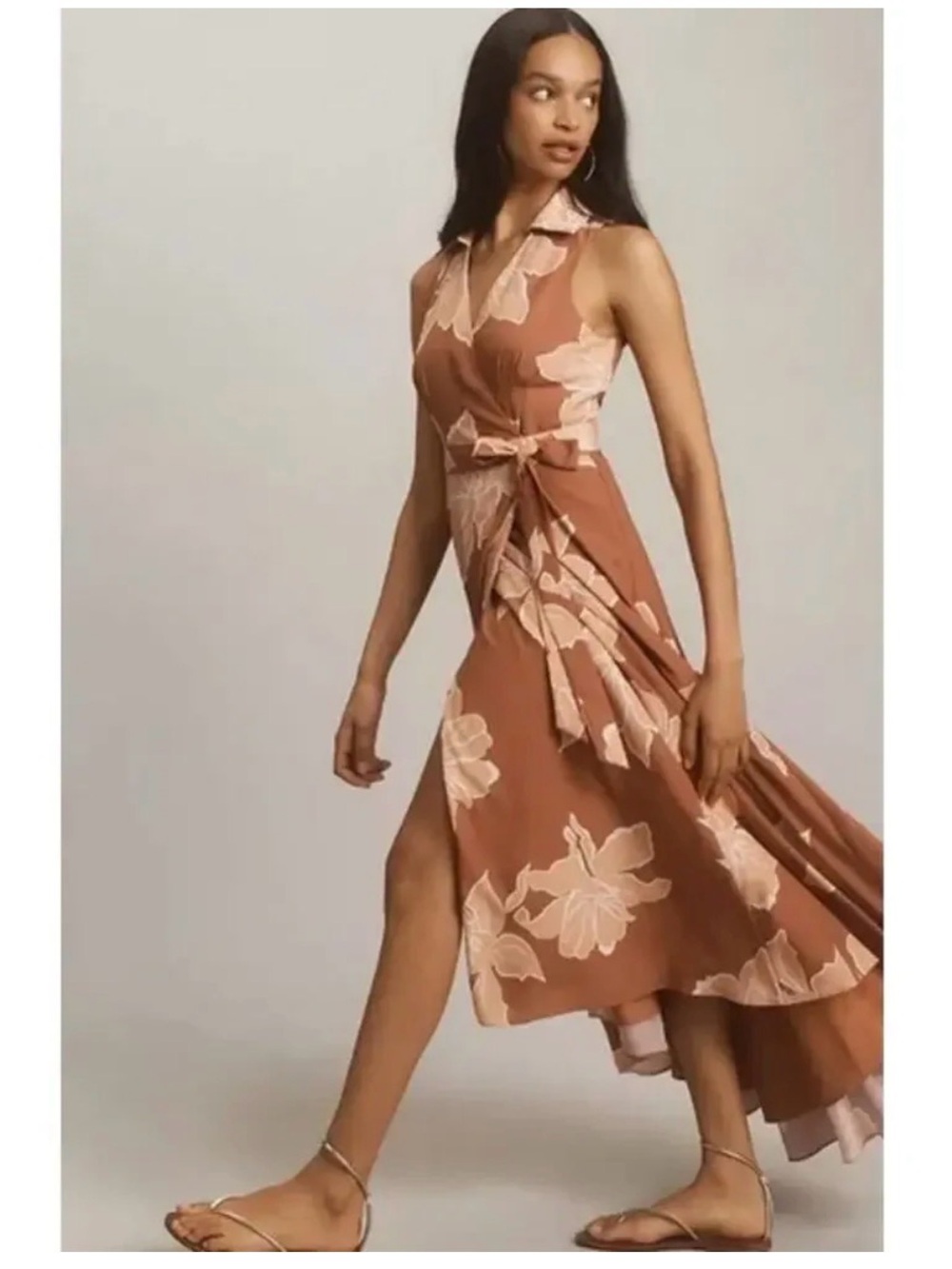 Anthropologie Rust Floral High-Low Dress with Cream Floral Print
